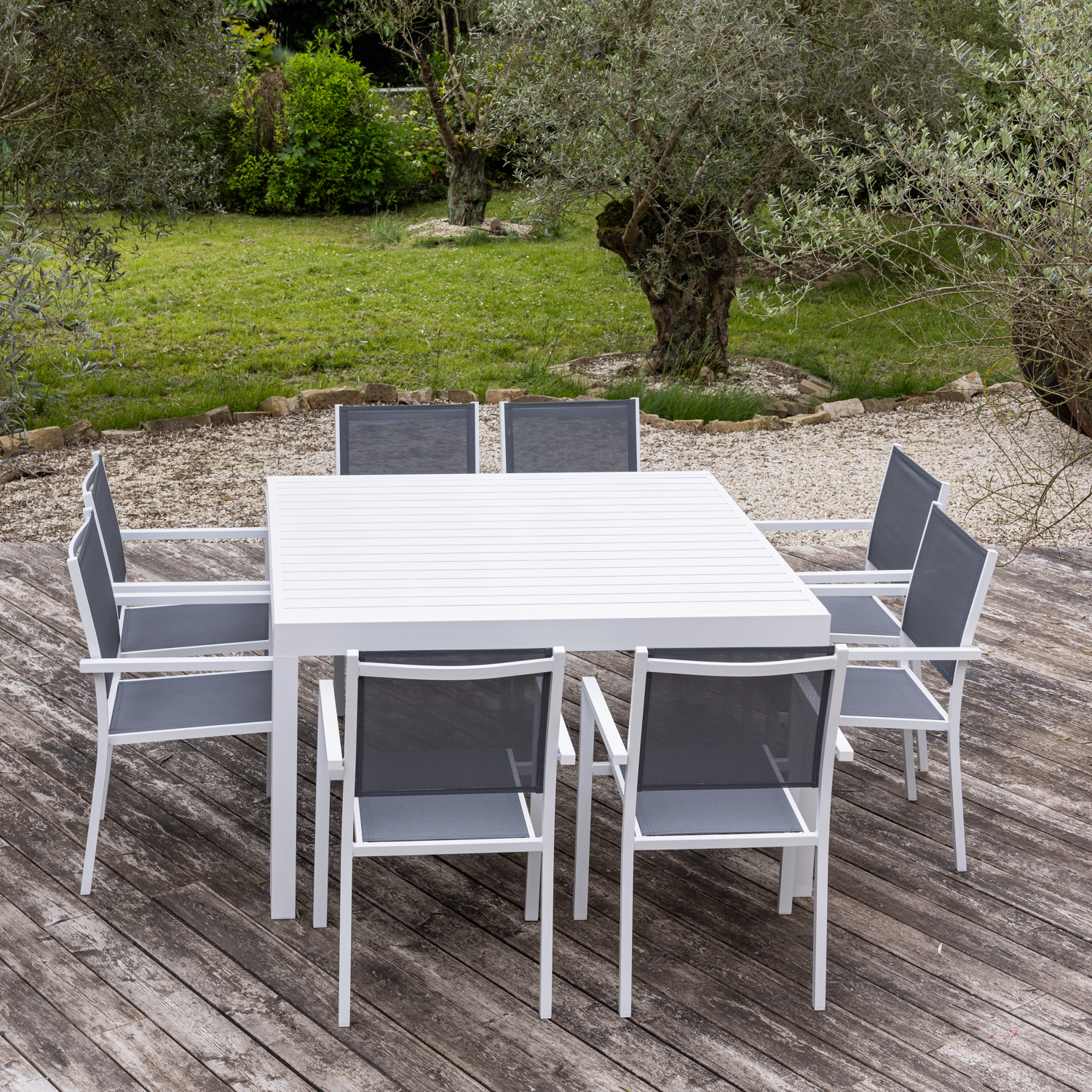 Salon de jardin extensible 10 places de 140/200cm en textilène gris - aluminium blanc VENEZIA